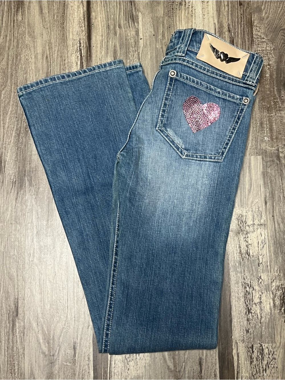 Vintage Y2K Twisted Heart Low Rise Flare Jeans Pink Rhinestone Embellished 27x35